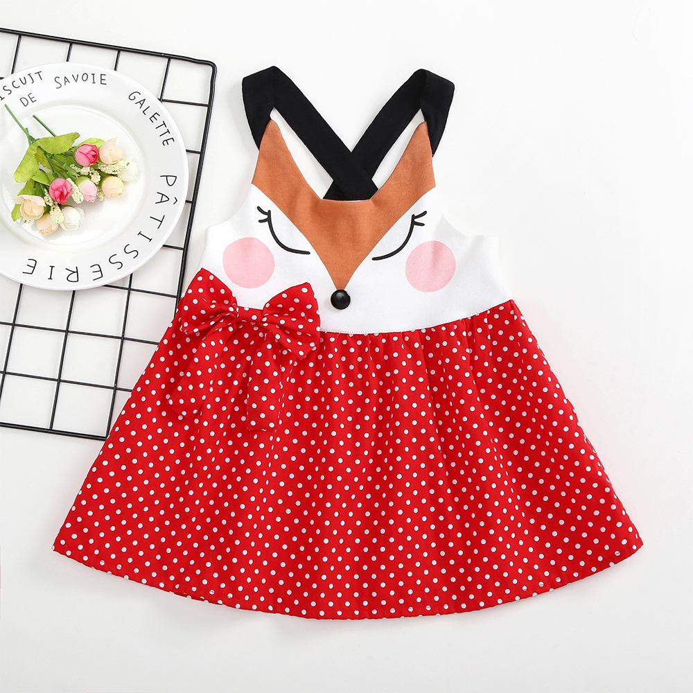 Fox Pattern Clothes Paneled Sleeveless Strapped Dress Bow Dots for for Baby Toddler Girls - dianjiang-