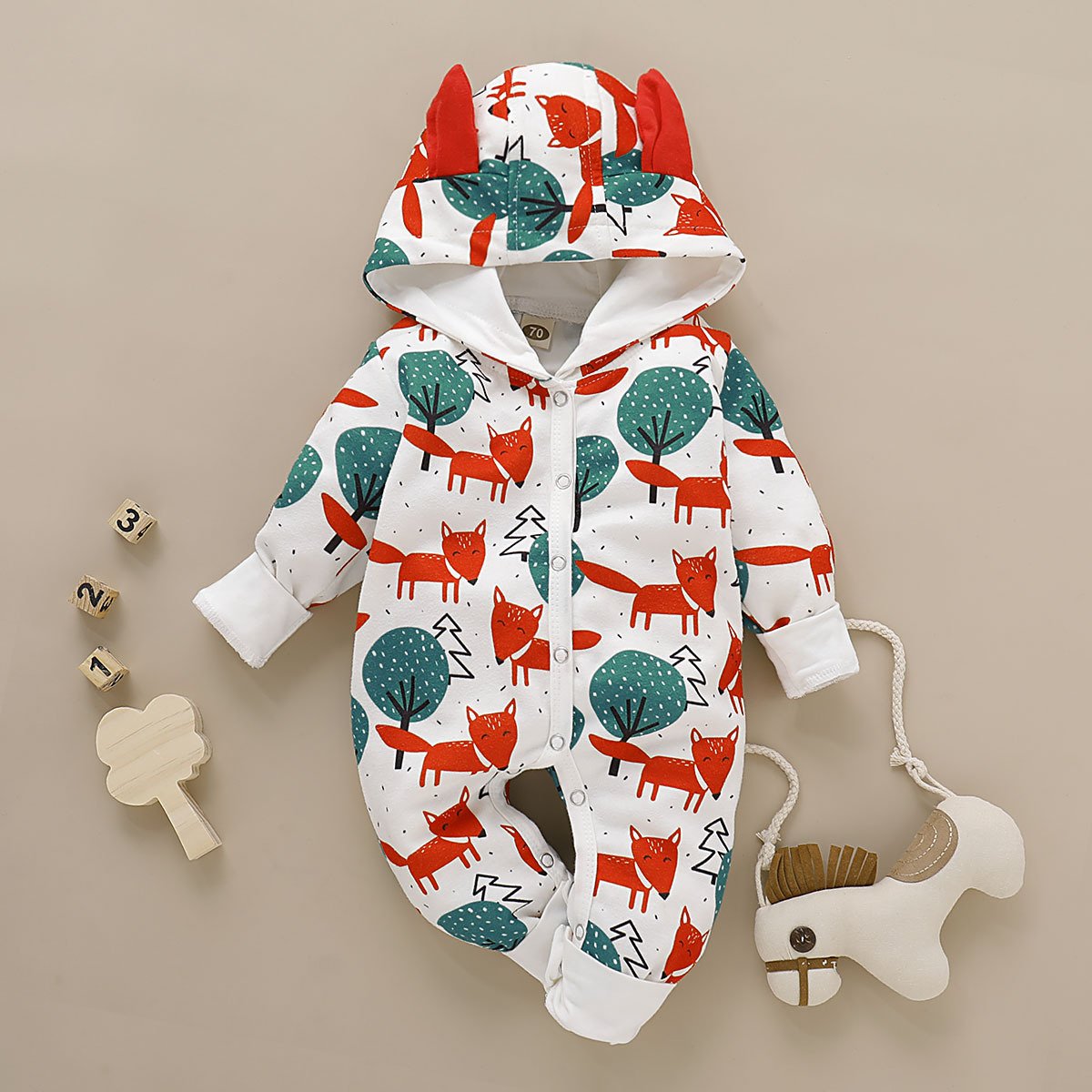 Cute Baby Fox & Tree/Heart Cartoon Hooded With Ears Autumn Jumpsuit One Piece Bodysuit - dianjiang-