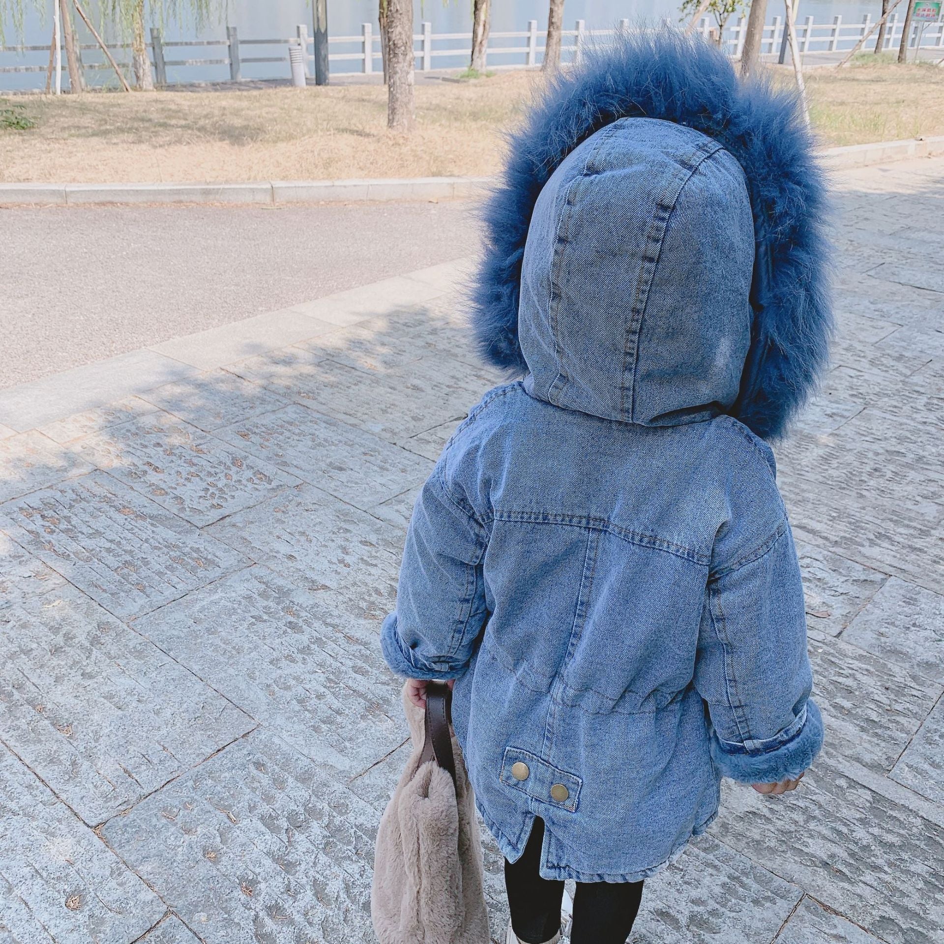 2 Colors Winter Stylish Denim Fur Hooded Winter Coat Jacket Pink and Blue - dianjiang-