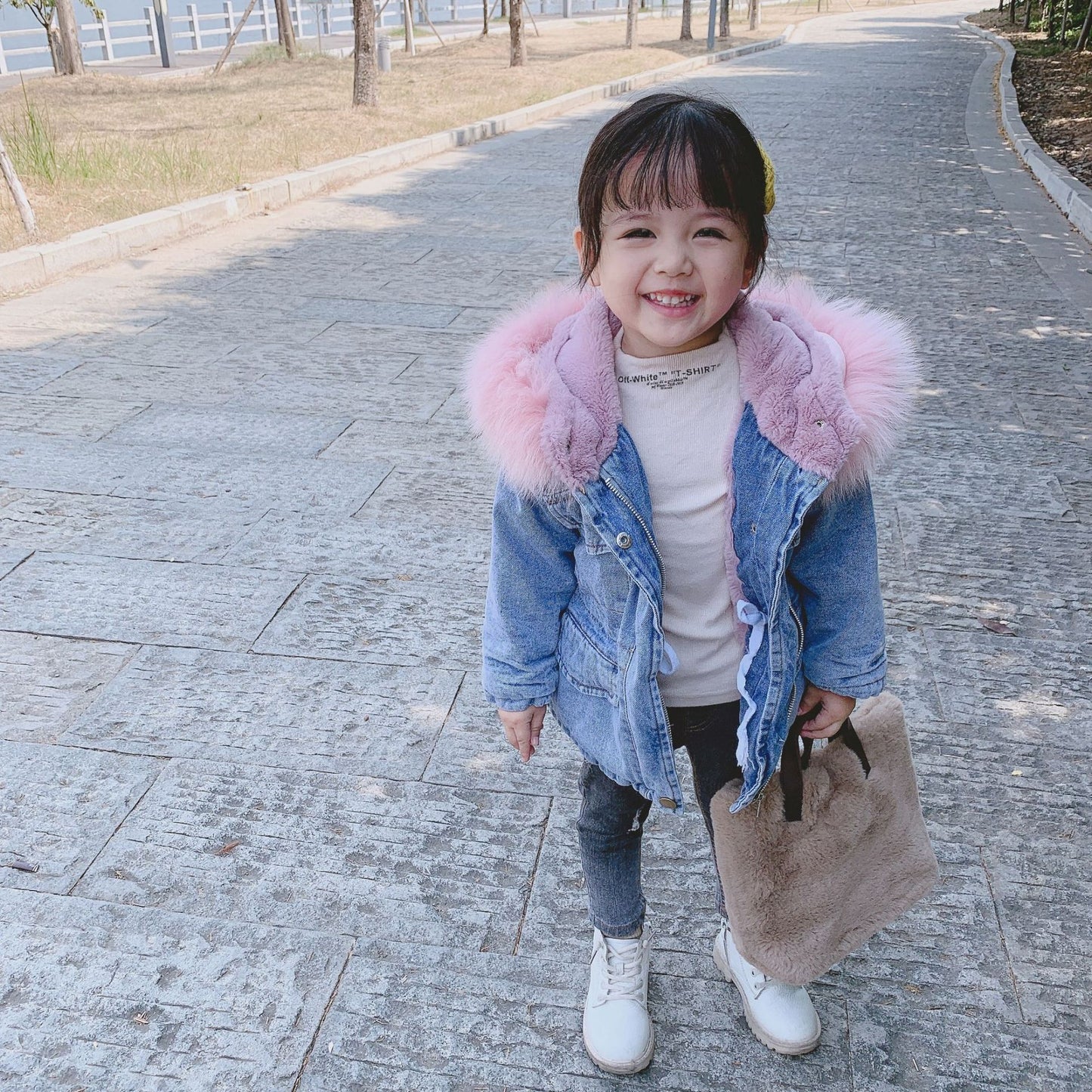 2 Colors Winter Stylish Denim Fur Hooded Winter Coat Jacket Pink and Blue - dianjiang-