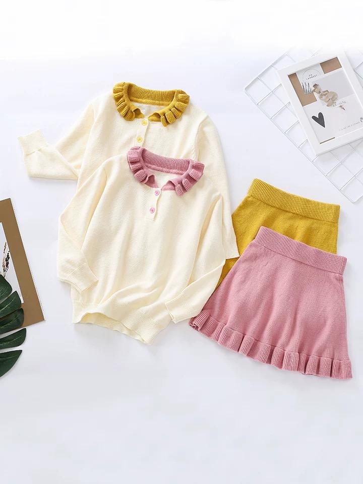 Fall 2-Piece Solid Color Knitted Sweater Matching Flutter Skirt Set - dianjiang-