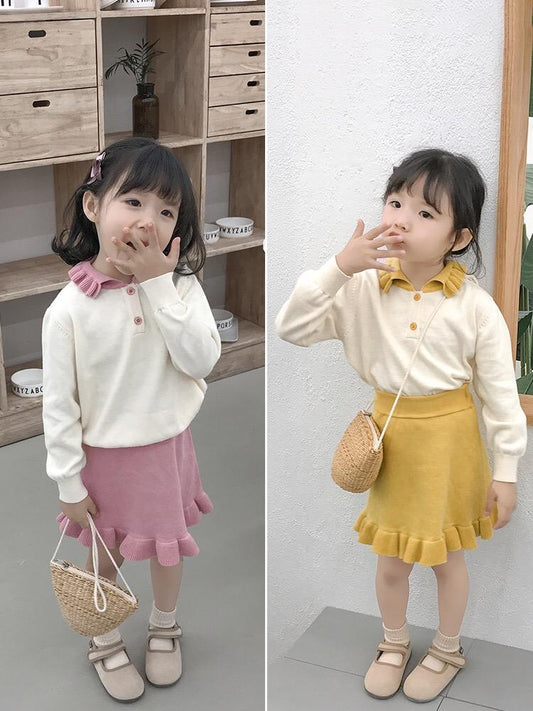 Fall 2-Piece Solid Color Knitted Sweater Matching Flutter Skirt Set - dianjiang-