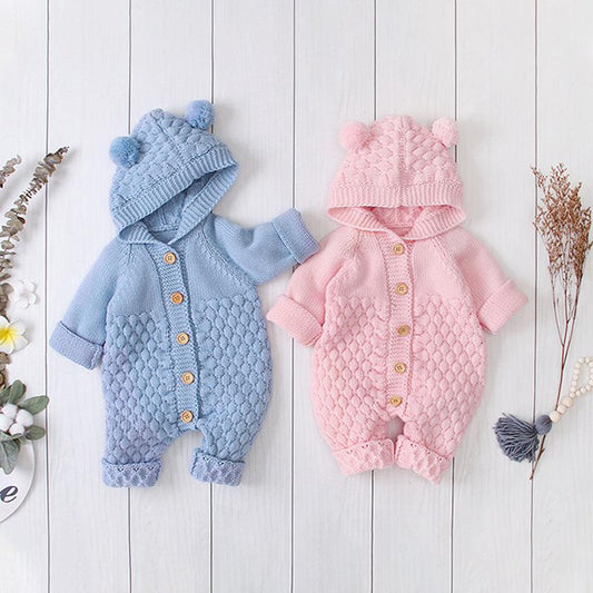 Adorable Baby Pom Trim Decor Solid Color Knitted Overalls - dianjiang-