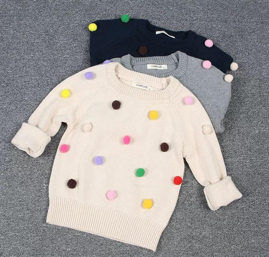 Cute Colorful Jumper Ball Trimmed Knitted Cotton Sweater Children Winter Clothes - dianjiang-