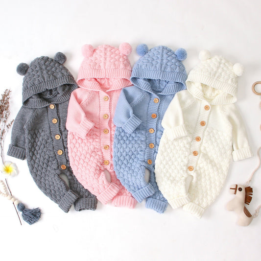 Adorable Baby Pom Trim Decor Solid Color Knitted Overalls - dianjiang-