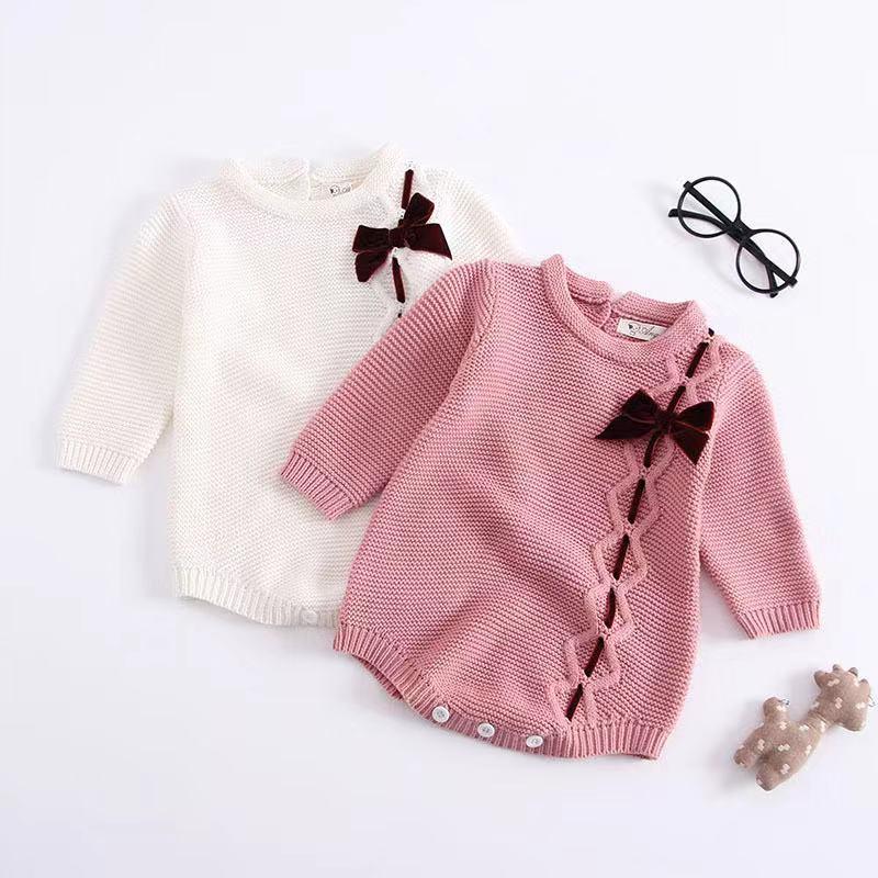 Long Sleeves Baby Girls Romper Knitted Bowknot Onesies - dianjiang-