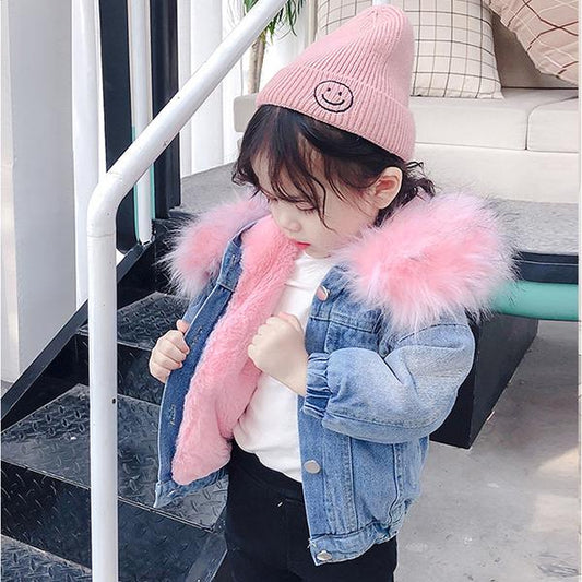 2 Colors Fashion Baby Toddler  Winter Fur Denim Jacket Pink and Gray - dianjiang-