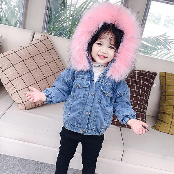 2 Colors Fashion Baby Toddler  Winter Fur Denim Jacket Pink and Gray - dianjiang-