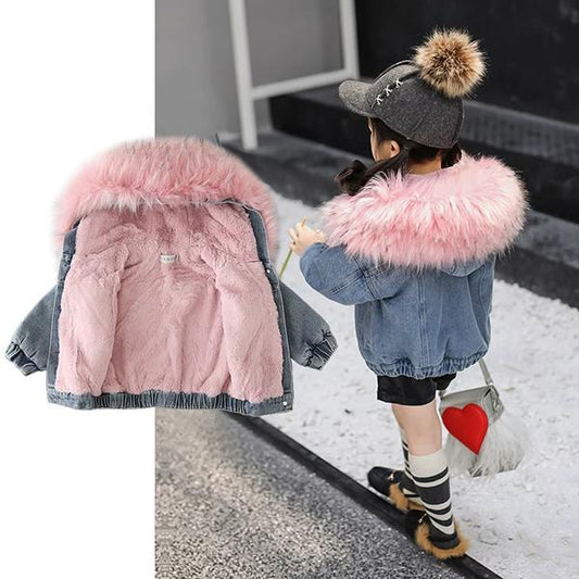 2 Colors Fashion Baby Toddler  Winter Fur Denim Jacket Pink and Gray - dianjiang-