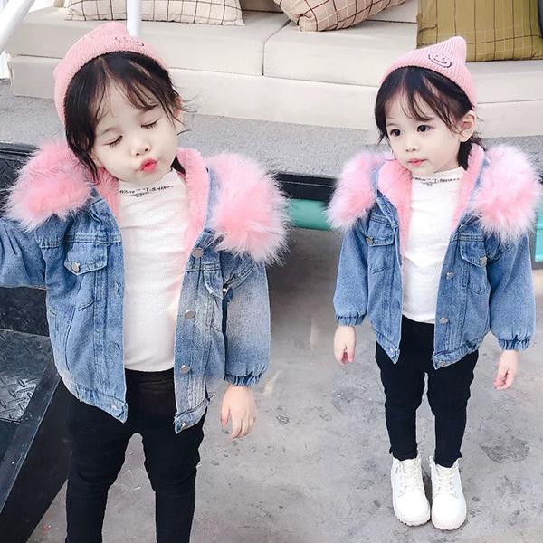 2 Colors Fashion Baby Toddler  Winter Fur Denim Jacket Pink and Gray - dianjiang-