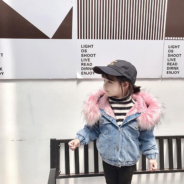 2 Colors Fashion Baby Toddler  Winter Fur Denim Jacket Pink and Gray - dianjiang-