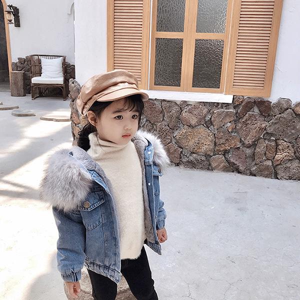 2 Colors Fashion Baby Toddler  Winter Fur Denim Jacket Pink and Gray - dianjiang-