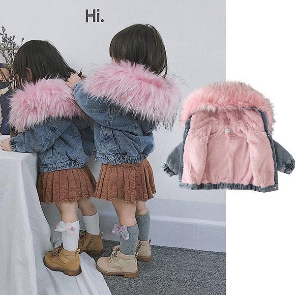 2 Colors Fashion Baby Toddler  Winter Fur Denim Jacket Pink and Gray - dianjiang-