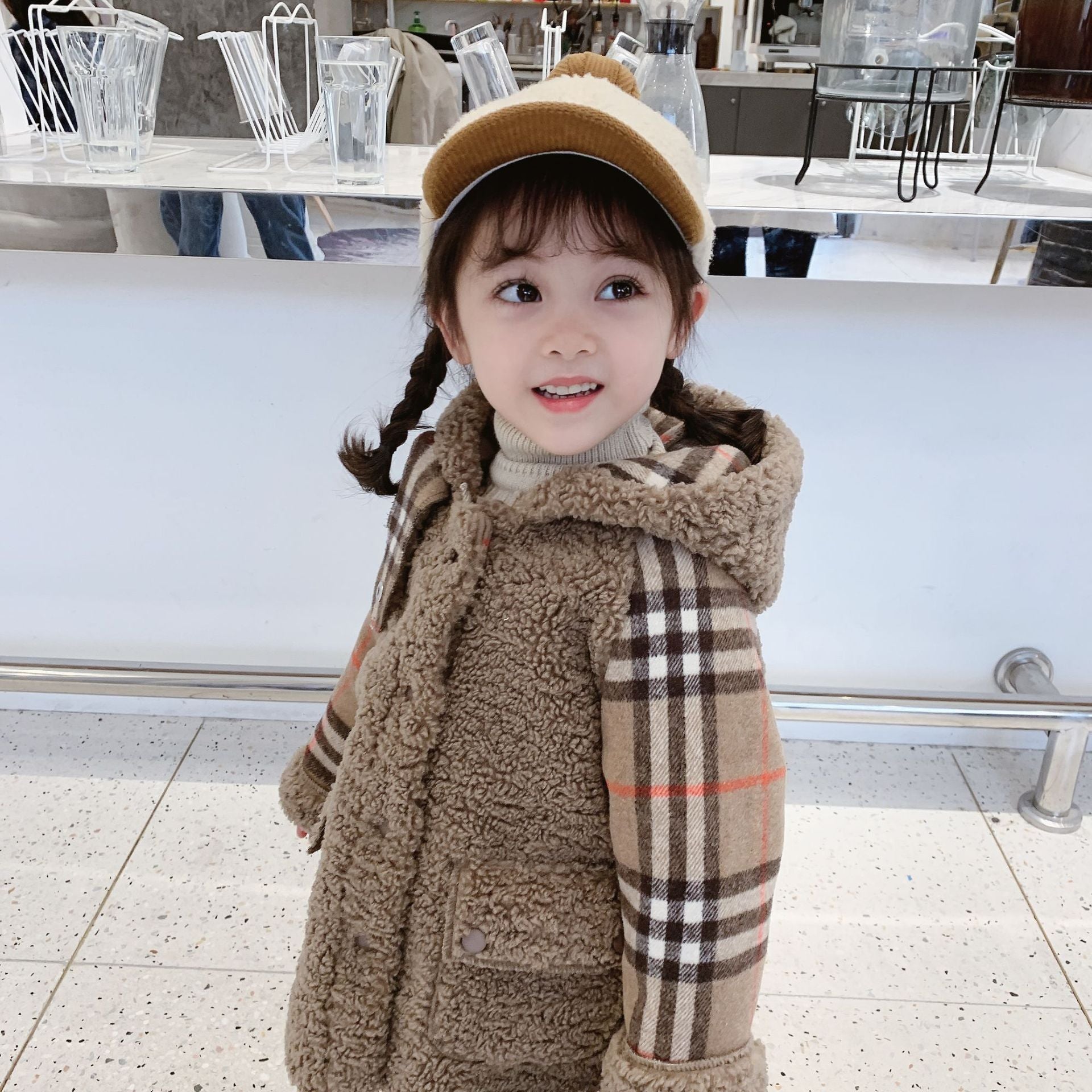 Trendy Little Girl Berber Fleece Checked Hooded Jacket - dianjiang-