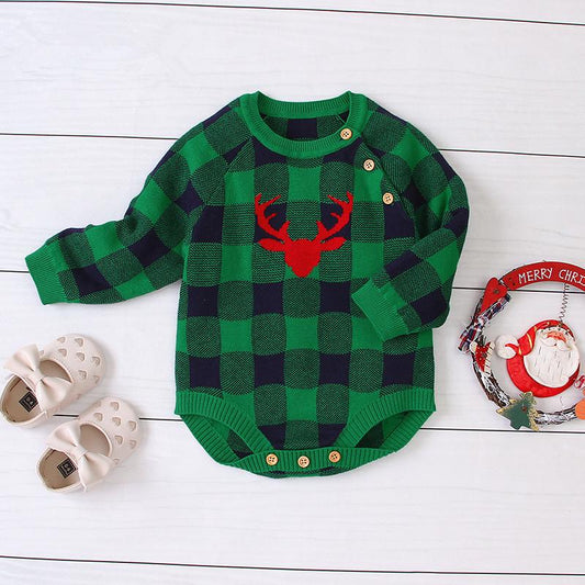 Christmas Deer Color Blocking Baby Knit crochet plaid Onesie - dianjiang-