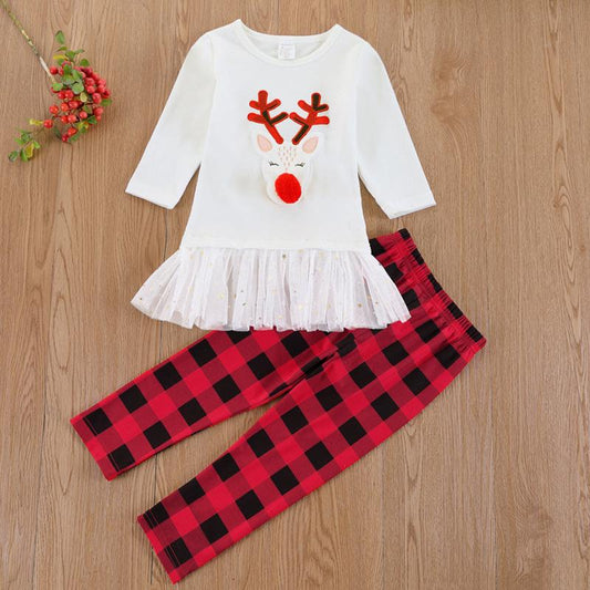 Christmas 2-Piece Set Deer Mesh Patchwork Top & Checked Pants - dianjiang-