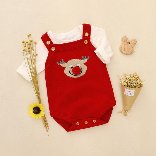 Adorable Christmas Onesie Elk Knitted Suspender Romper Baby Bodysuit - dianjiang-