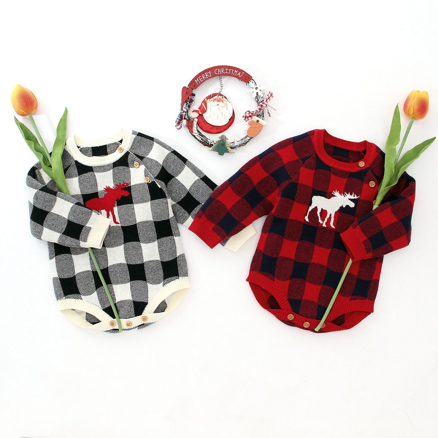 Christmas Baby Unisex Deer Checked Crochet Bodysuit - dianjiang-