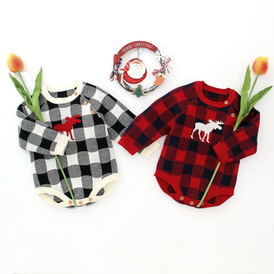 Christmas Baby Unisex Deer Checked Crochet Bodysuit - dianjiang-