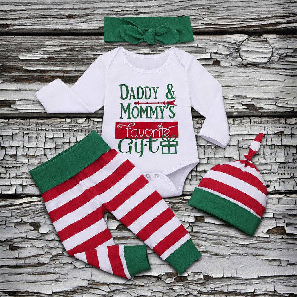 Christmas Baby 4-Piece Set Daddy Mommy's Favorite Gift Romper+Pants+Hat+Headband - dianjiang-