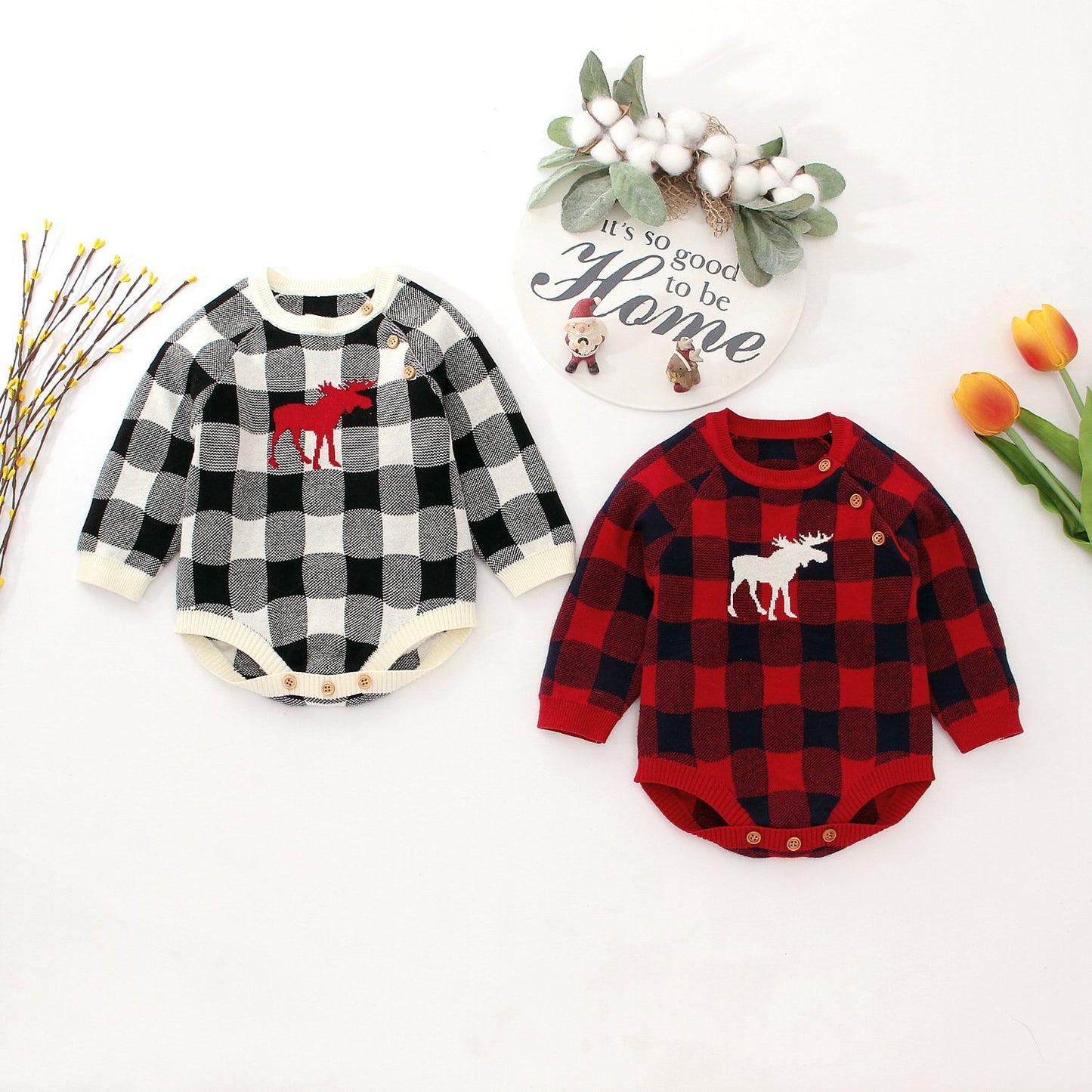 Christmas Baby Unisex Deer Checked Crochet Bodysuit - dianjiang-