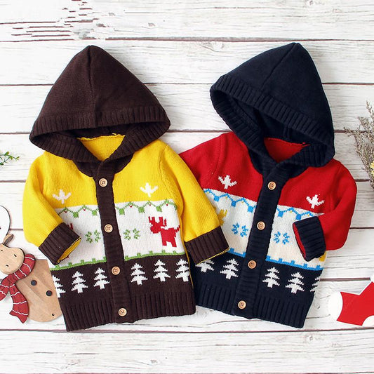 Baby Boy Christmas Tree Reindeer Crochet Hooded Cardigan - dianjiang-