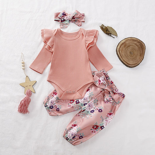 Fall 3-Piece Set Baby Girl Ruffled Sleeve Ribbed Romper and Pants and Headband - dianjiang-