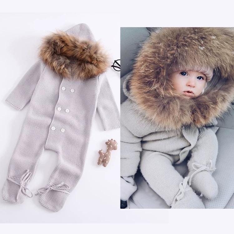 Double-breasted Hoodie Baby Knitted Gray Onesie - dianjiang-