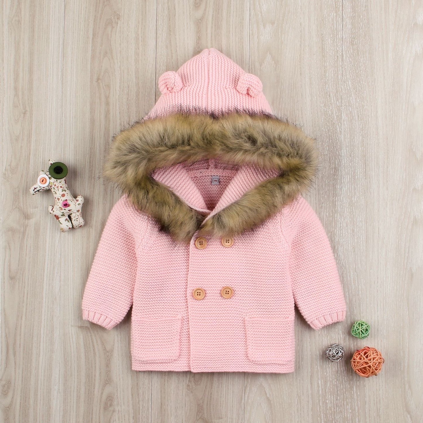 Animal Ears Warm Collar Hoodie Long Sleeve Coats Buttoned Knitted Wear Baby Cardigan - dianjiang-