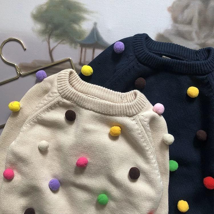 Cute Colorful Jumper Ball Trimmed Knitted Cotton Sweater Children Winter Clothes - dianjiang-