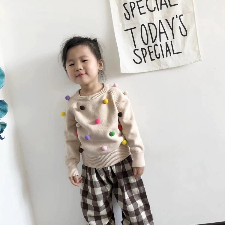 Cute Colorful Jumper Ball Trimmed Knitted Cotton Sweater Children Winter Clothes - dianjiang-