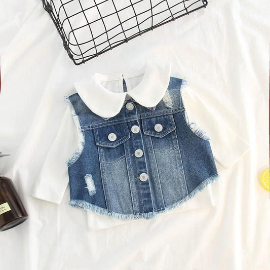 Sleeveless Buttoned Clothes Deep Blue Baby Denim Vest Waistcoat Top - dianjiang-