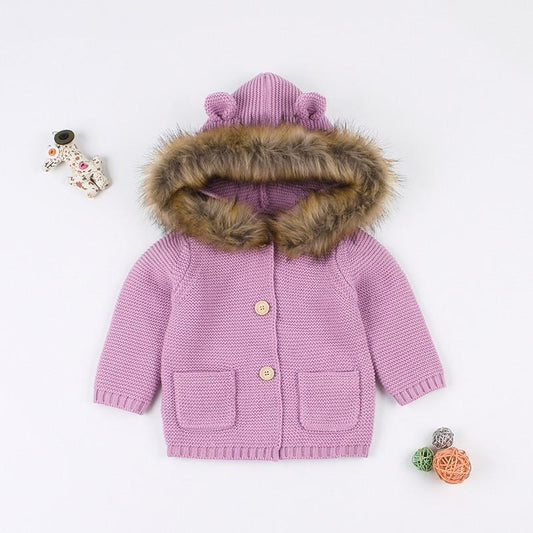 Cute Faux Fur Trimmed Ear Hooded Crochet Coat Winter Outwear - dianjiang-