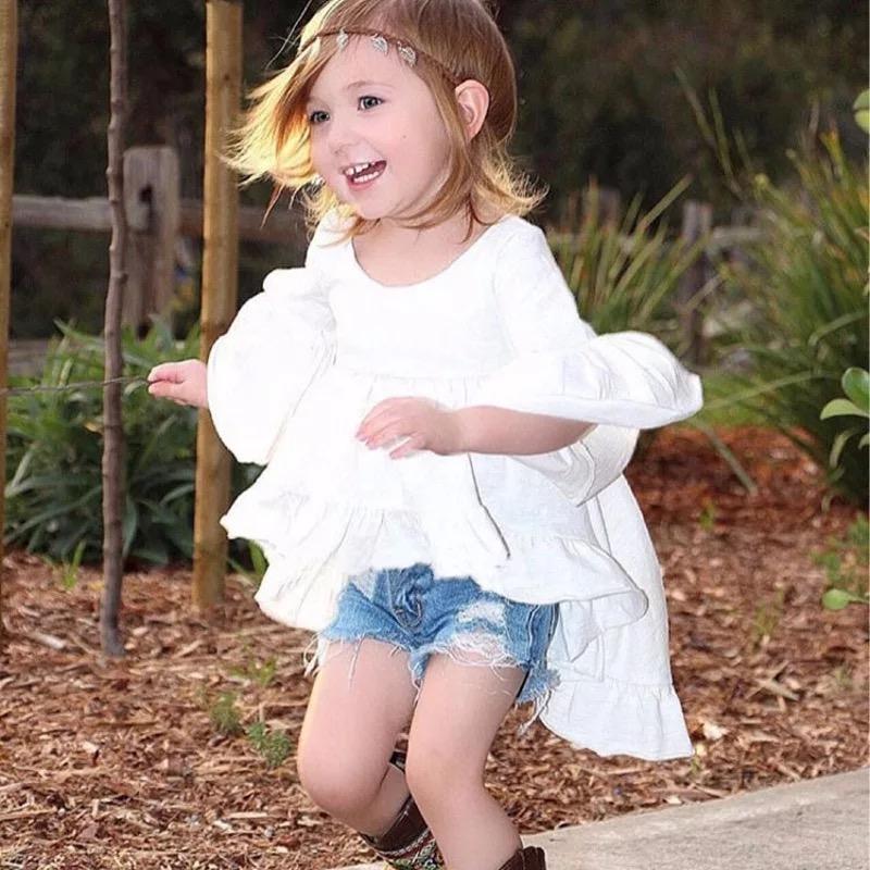 Little Girls Asymmetry Long Sleeve Shirred Solid Color Top Mini Dress - dianjiang-