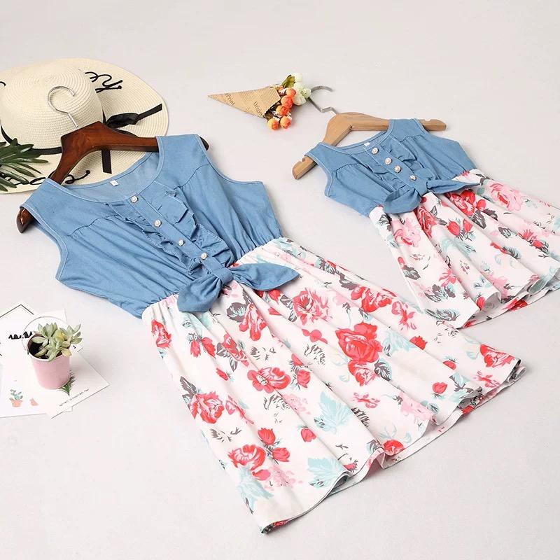 Mom And Me Family Fitted  Flower Denim Patchwork Sleeveless Kids Dress - dianjiang-