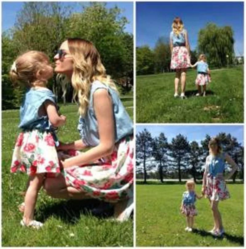 Mom And Me Family Fitted  Flower Denim Patchwork Sleeveless Kids Dress - dianjiang-