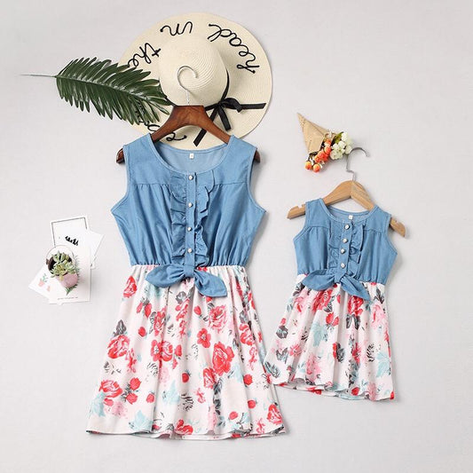 Mom And Me Family Fitted  Flower Denim Patchwork Sleeveless Kids Dress - dianjiang-