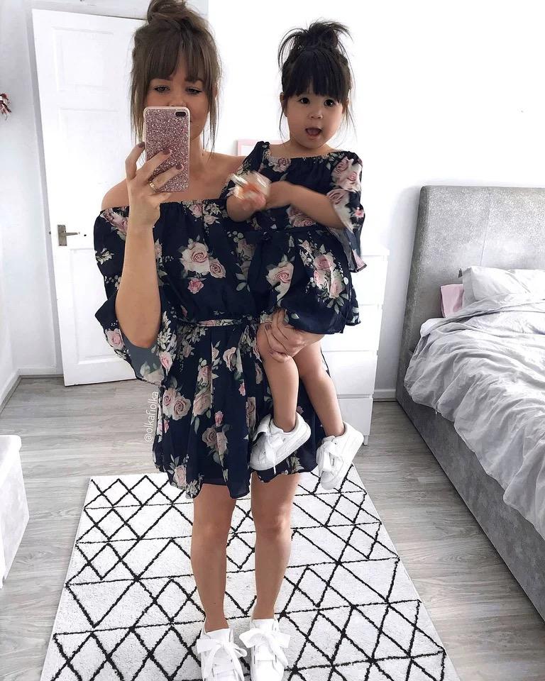 Mommy and Me Family Fitted Flower Overall Print Off Shoulder Dress - dianjiang-