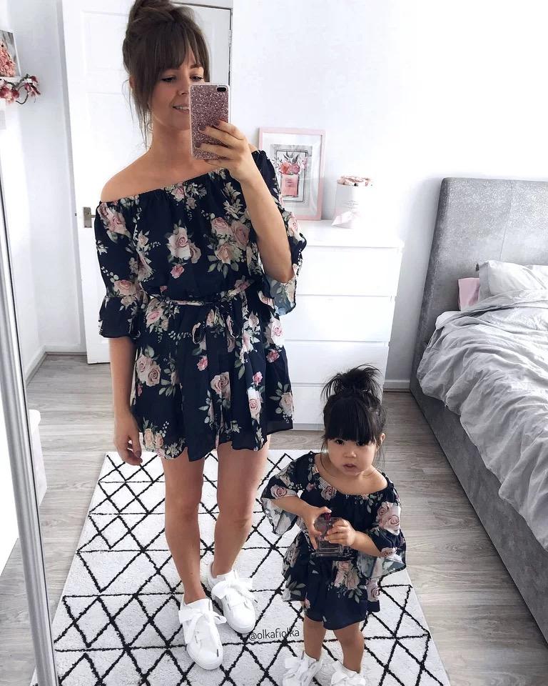 Mommy and Me Family Fitted Flower Overall Print Off Shoulder Dress - dianjiang-