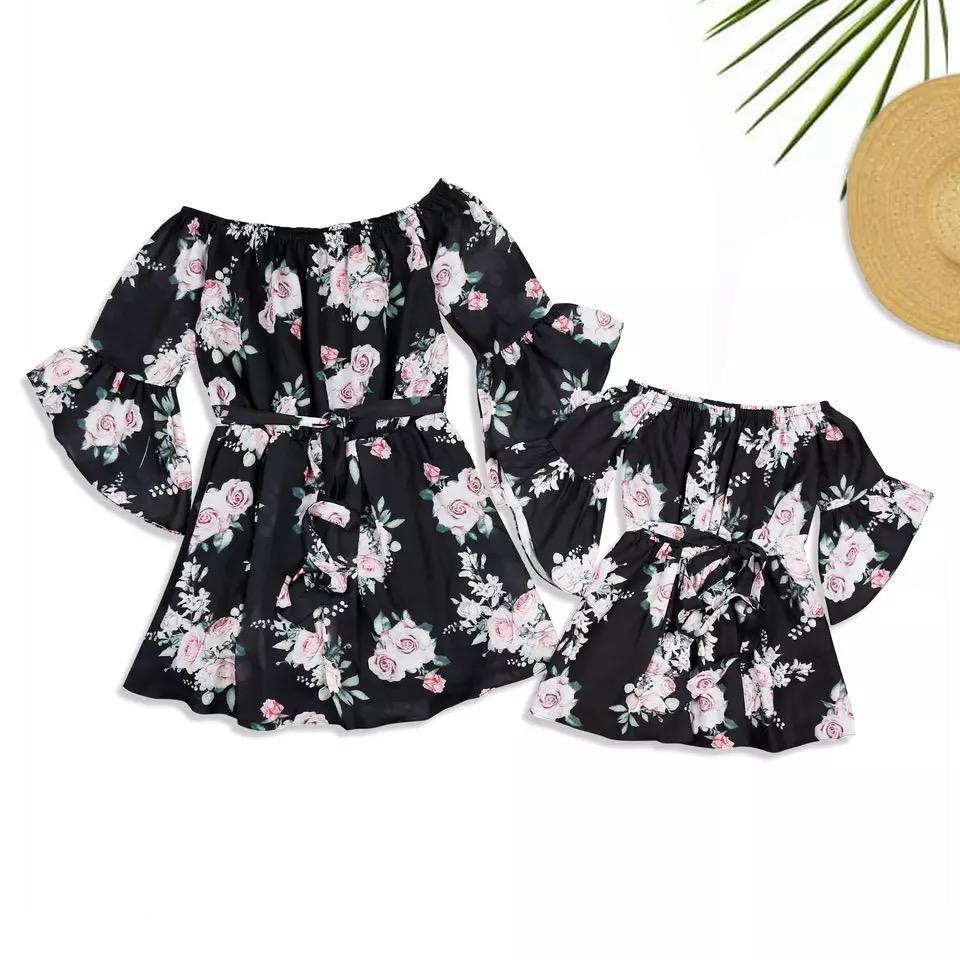 Mommy and Me Family Fitted Flower Overall Print Off Shoulder Dress - dianjiang-