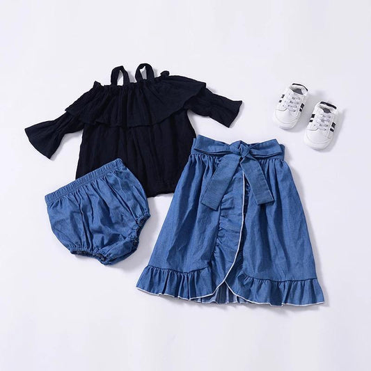 3-piece Outfits Boat Neck Trumpet Sleeves Shirt Top and Short Pants and Bow Tie Falbala Wrap Around Skirt - dianjiang-