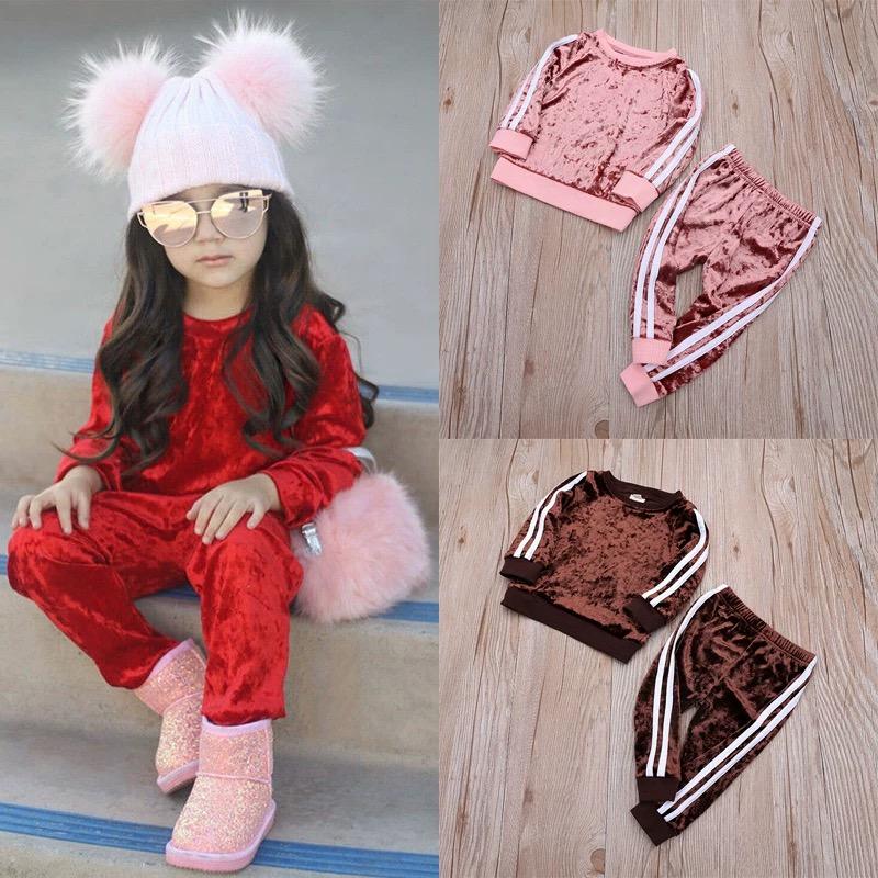 4 Colors Indoor Toddler Kids Baby Spring Striped 2-piece Velvet Clothes Set Jumper and Pants - dianjiang-