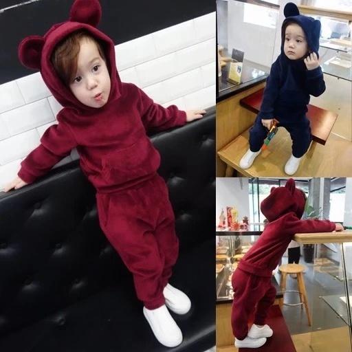 4 Colors Unisex Spring Indoor Bear Ear Style Velvet  2-Piece Clothes Outfits Hoodie and Pants - dianjiang-