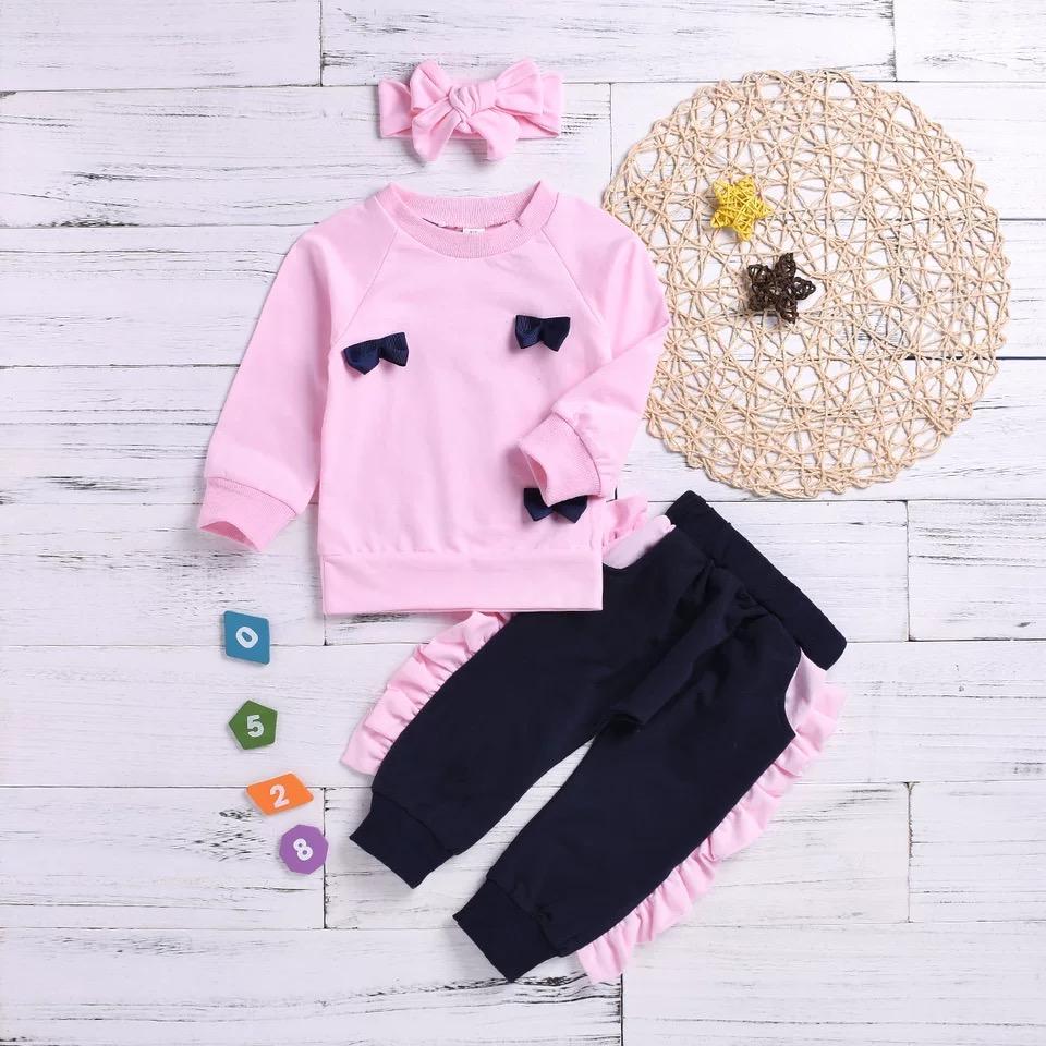 Pink 3-piece Outfits Baby Little Girl Bow Jumper and Ruffle Pants and Bowknot Headband - dianjiang-