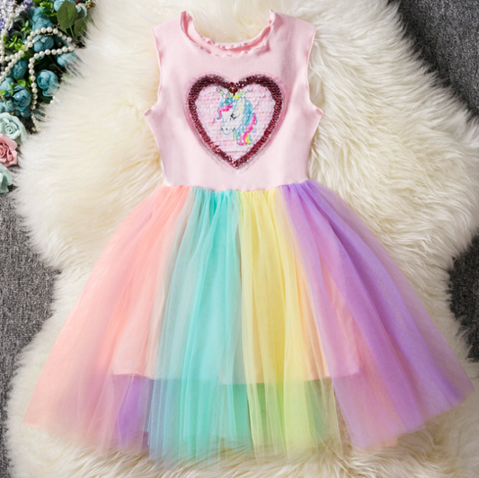 Unicorn Sequins Sleeveless Dress Rainbow Color Mesh Patchwork Dresses - dianjiang-