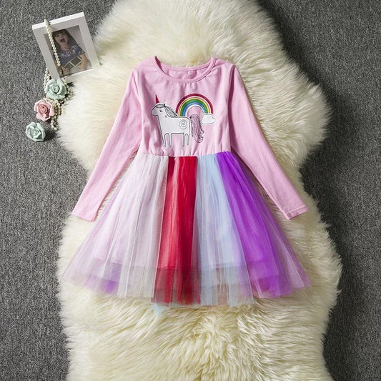 Fashion Unicorn Pattern Long Sleeve Tulle Princess Dress Halloween Party Dress - dianjiang-