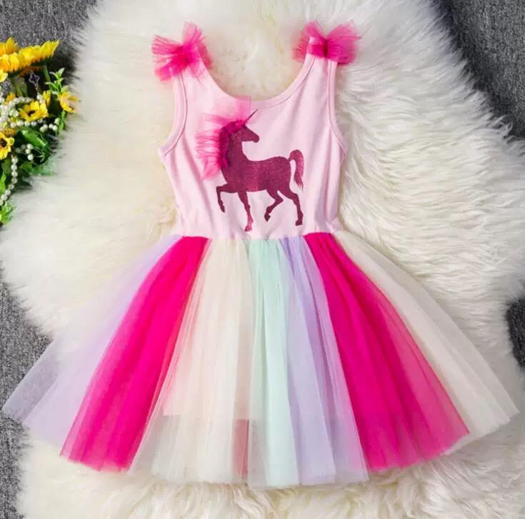 Unicorn Sleeveless Party Wear Color-blocking Mesh Party Girl Dress - dianjiang-