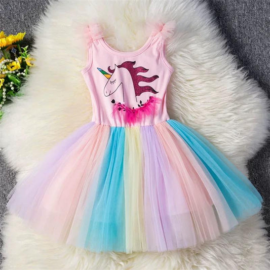 Unicorn Sleeveless Party Wear Rainbow Color Mesh Patchwork Girl Dress - dianjiang-