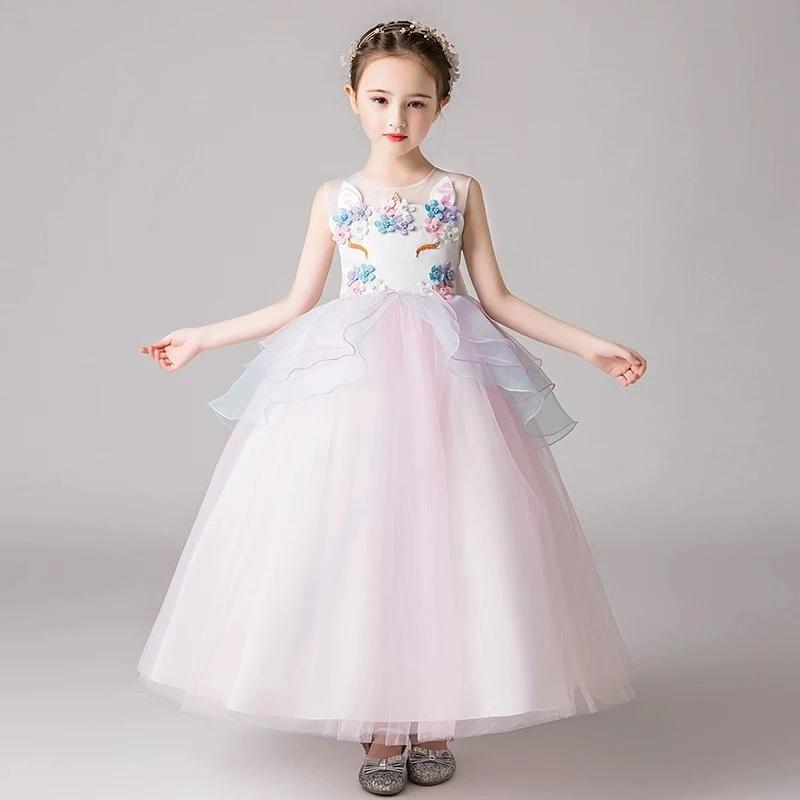 2 Colors Unicorn Pattern Appliqued Tulle Lacework Girls Princess Party Dress Blue/Pink - dianjiang-