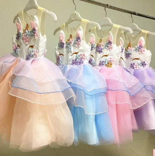 2 Colors Unicorn Pattern Appliqued Tulle Lacework Girls Princess Party Dress Blue/Pink - dianjiang-